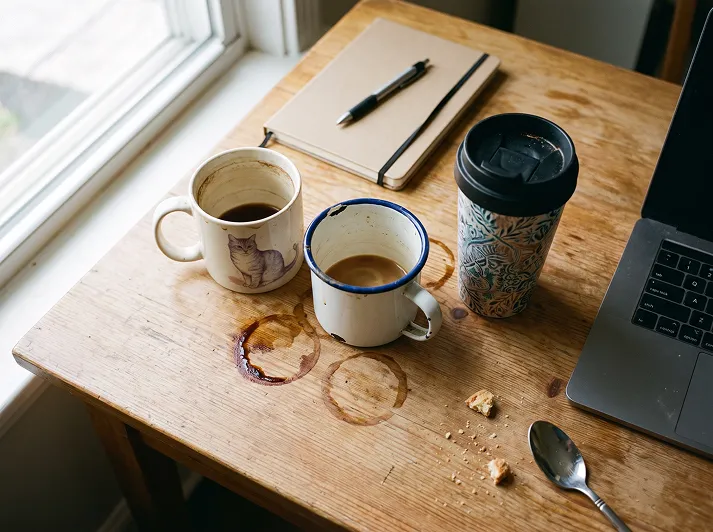Coffee cups and stains on a desk beside a notebook and laptop